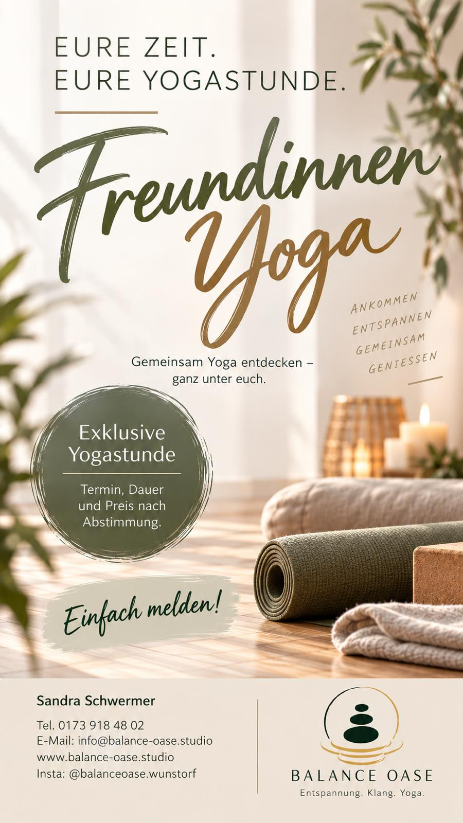 Flyer: Freundinnen Yoga bei Balance Oase – gemeinsam Yoga entdecken, ganz unter euch