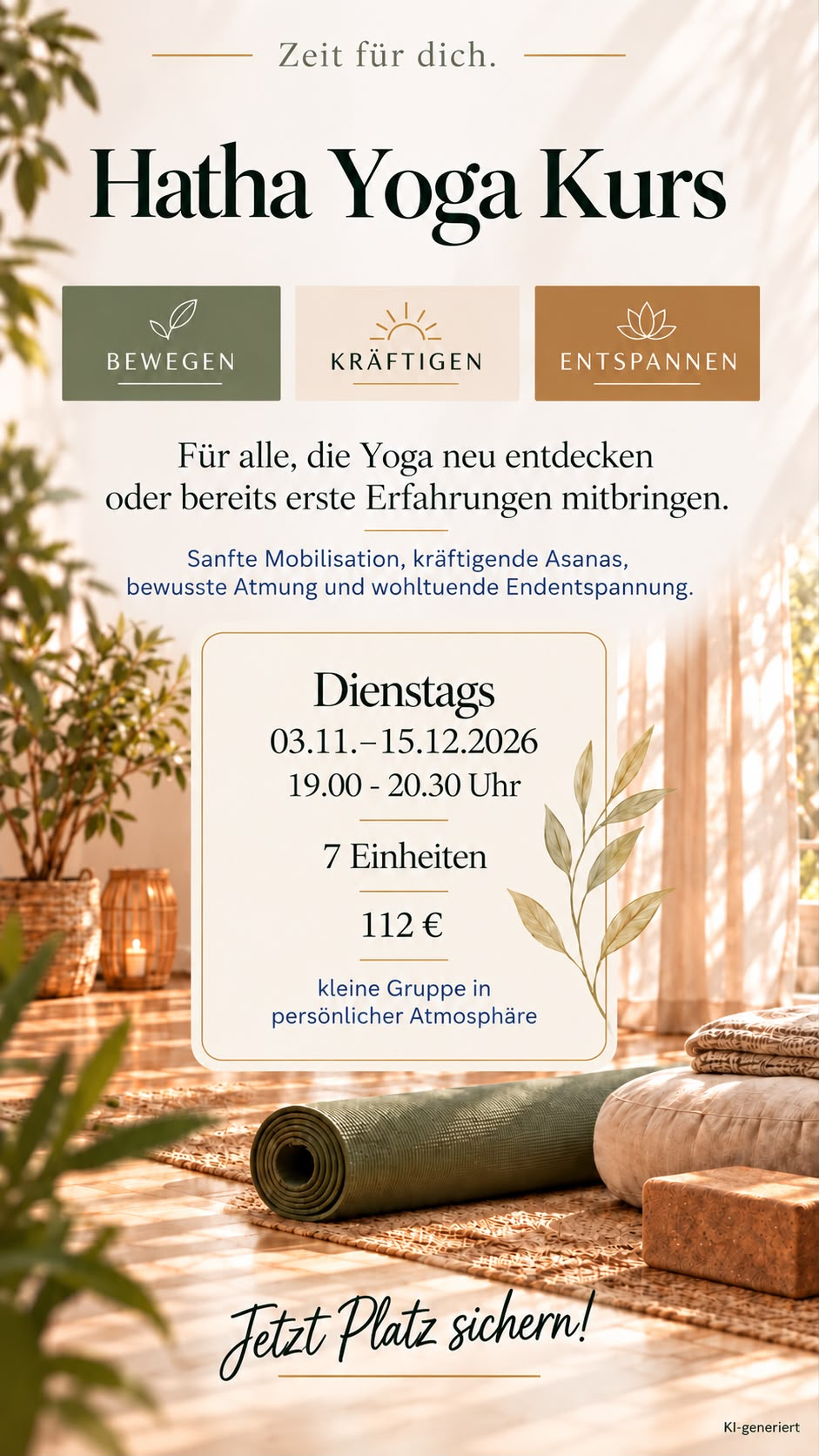 Flyer: Hatha Yoga Kurs bei Balance Oase, dienstags 03.11.–15.12.2026, 19:00–20:30 Uhr, 112 € – ausgebucht