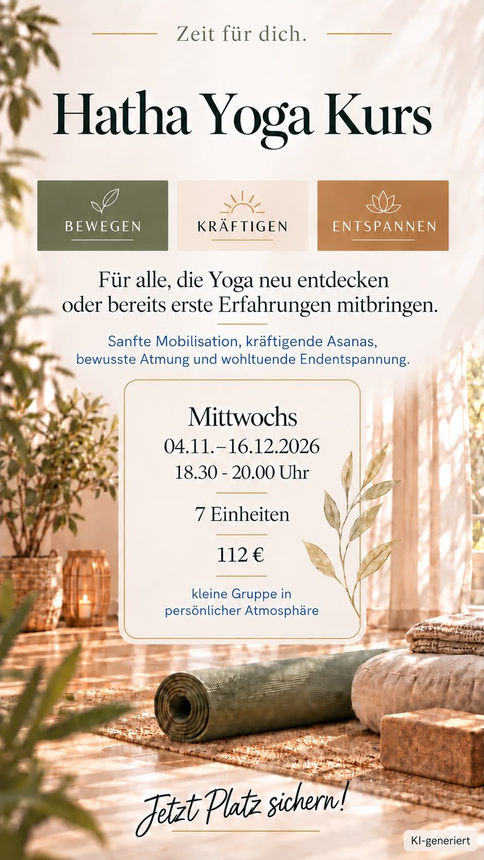 Flyer: Hatha Yoga Kurs bei Balance Oase, mittwochs 04.11.–16.12.2026, 18:30–20:00 Uhr, 112 €