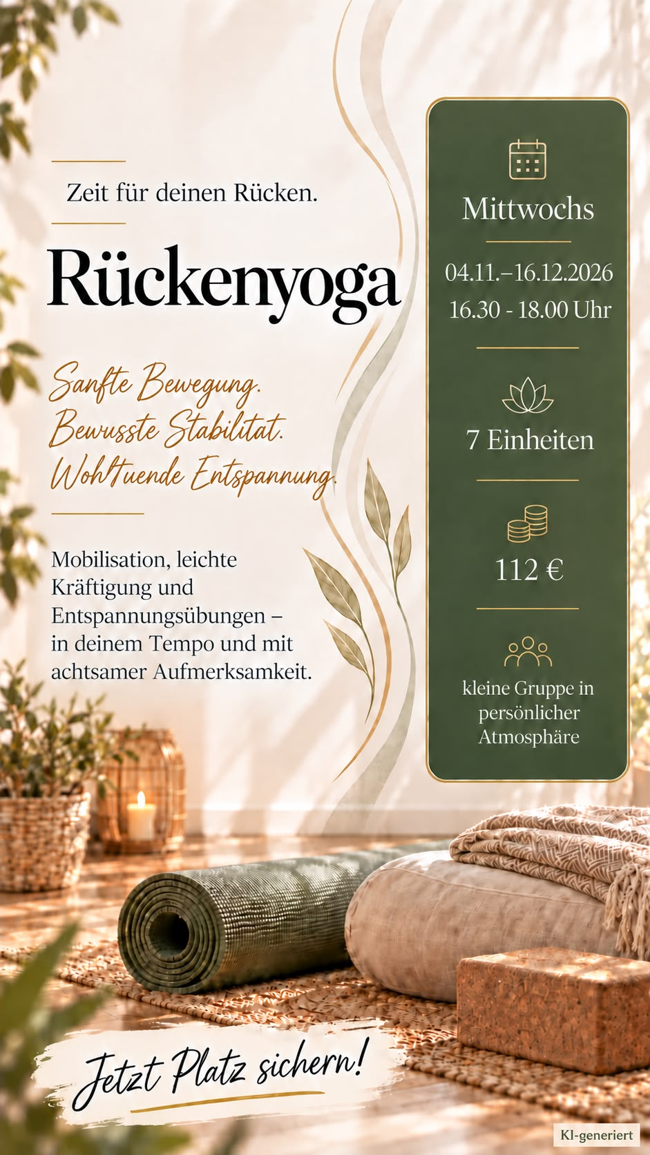 Flyer: Rückenyoga Kurs bei Balance Oase, mittwochs 04.11.–16.12.2026, 16:30–18:00 Uhr, 112 €