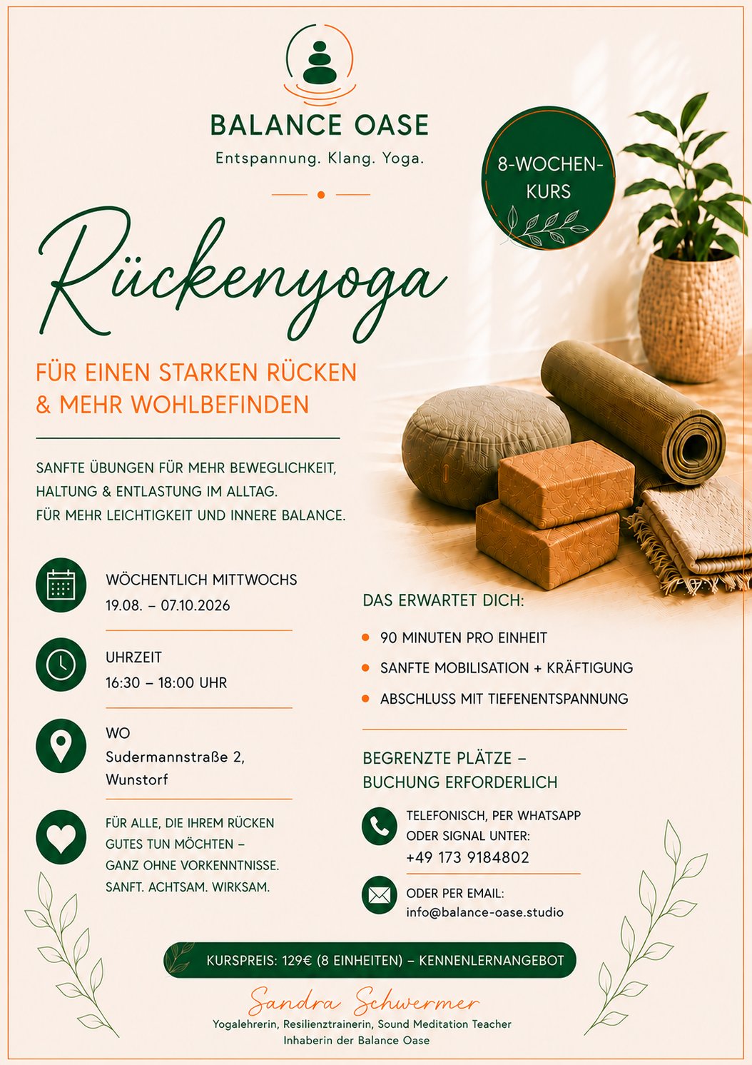 Flyer: Rückenyoga – 8-Wochen-Kurs bei Balance Oase