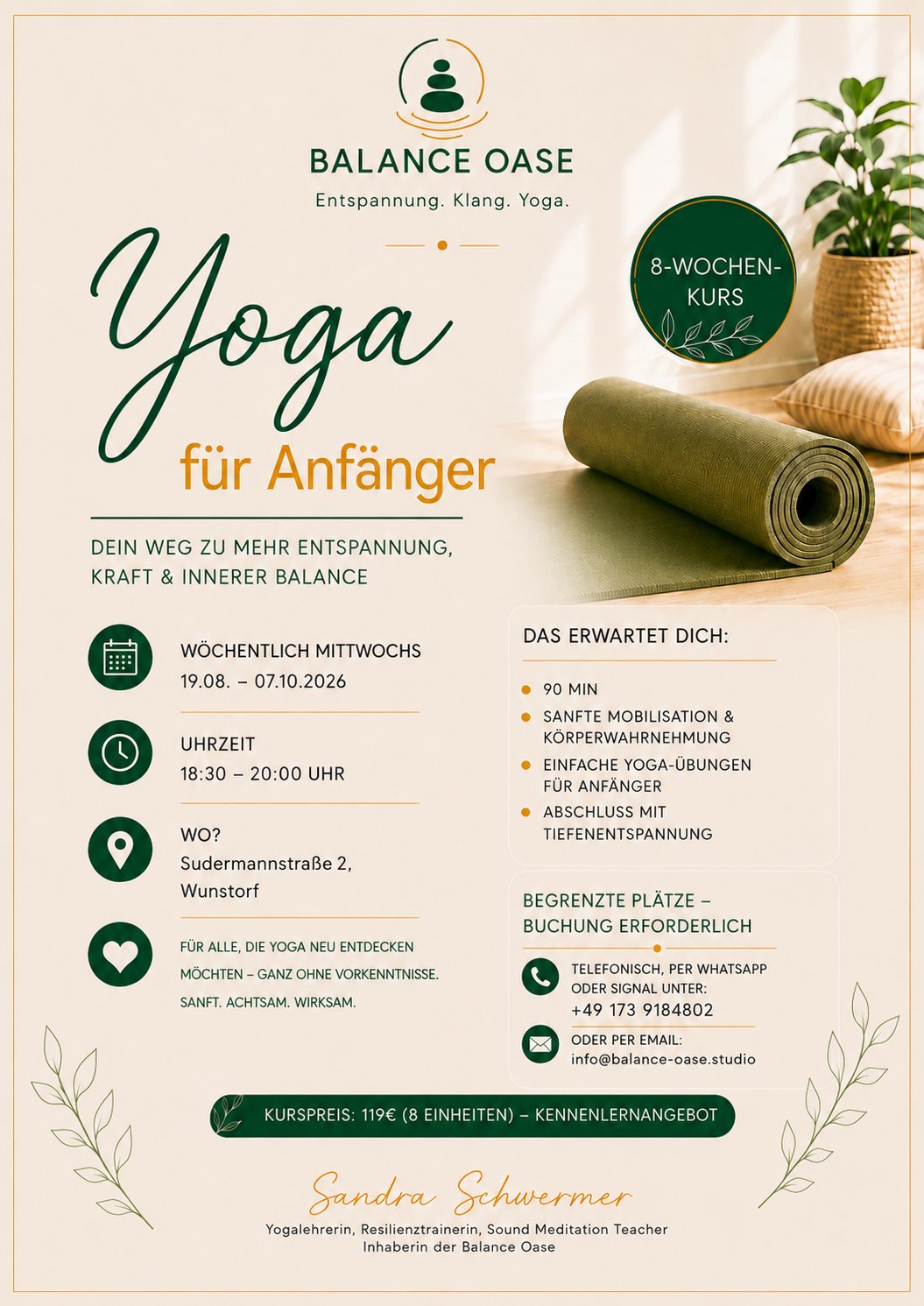 Flyer: Yoga für Anfänger – 8-Wochen-Kurs bei Balance Oase