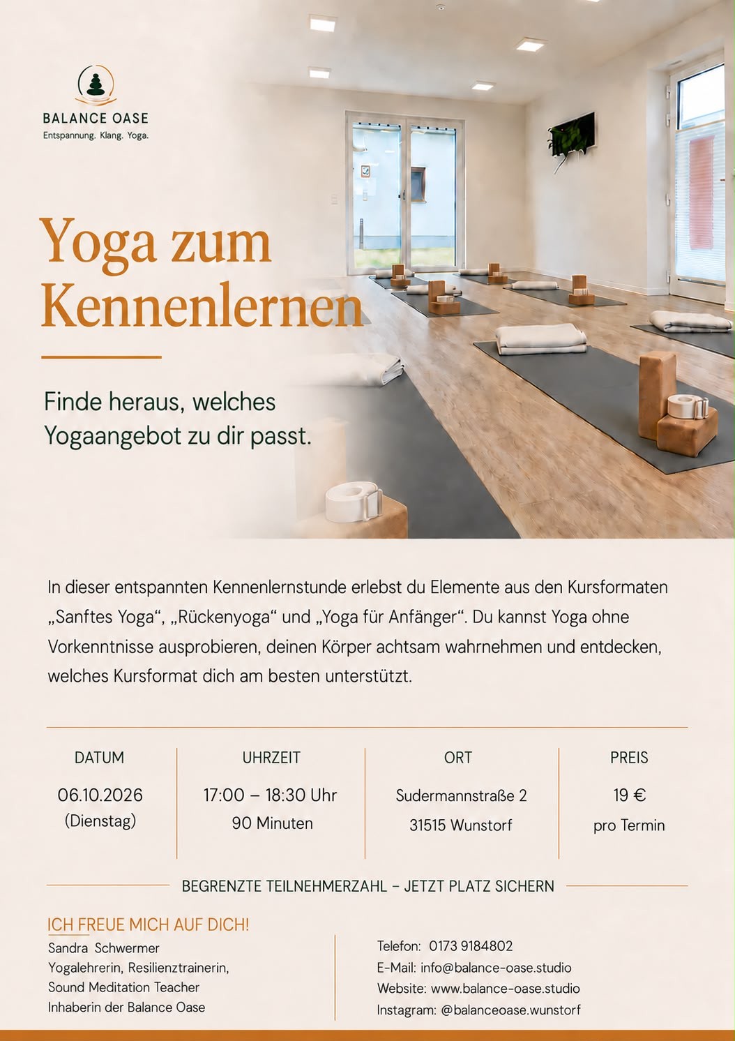 Flyer: Yoga zum Kennenlernen bei Balance Oase, 06.10.2026, 17:00–18:30 Uhr
