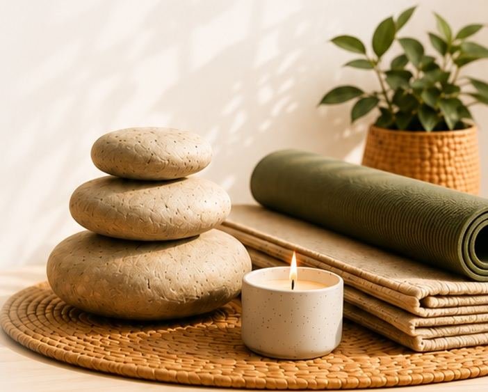 Steine, Kerze und Yogamatte als Symbol für Ruhe und Balance
