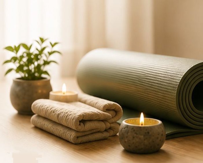 Pflanze, Kerzen und Yogamatte in warmem Licht