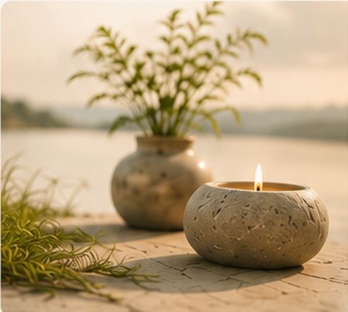 Kerze und Vase mit Pflanze am Wasser
