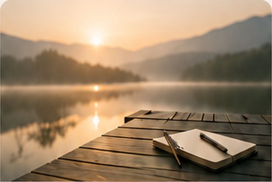 Notizbuch und Stift auf einem Steg am See