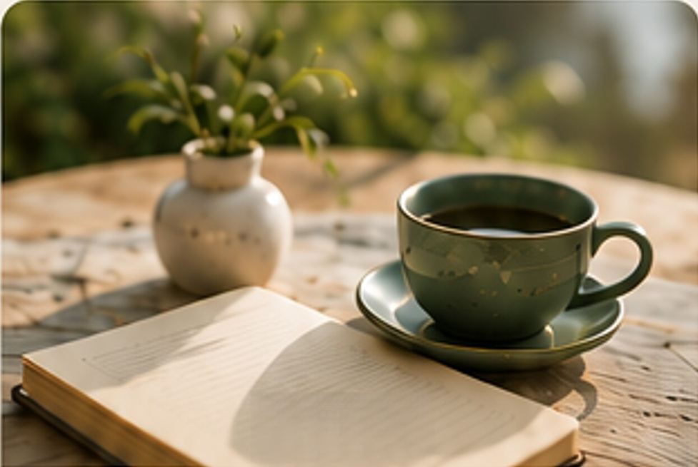 Kaffeetasse und aufgeschlagenes Buch auf einem Tisch