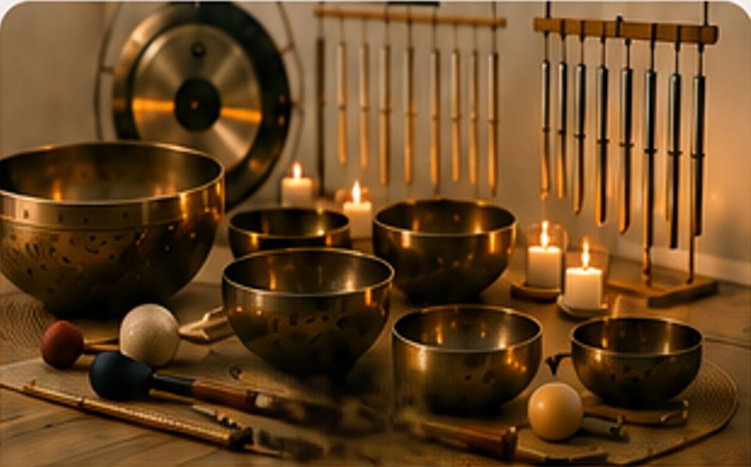 Mehrere Klangschalen, Gong und Klangspiele