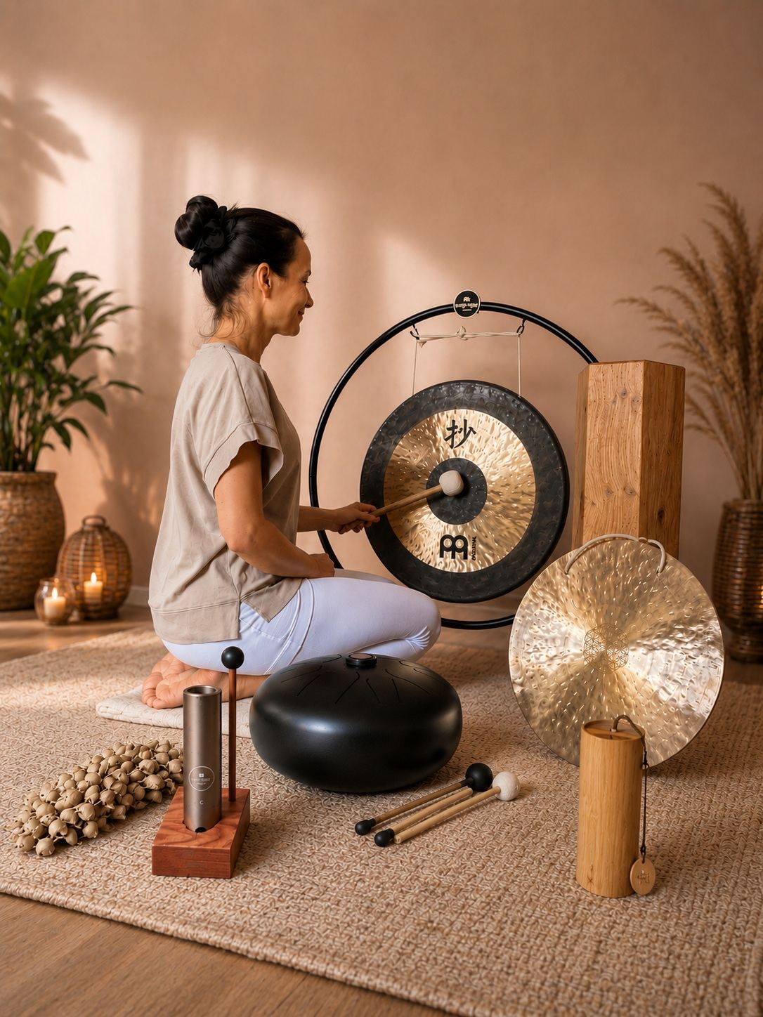 Sandra Schwermer spielt einen Gong umgeben von Klanginstrumenten